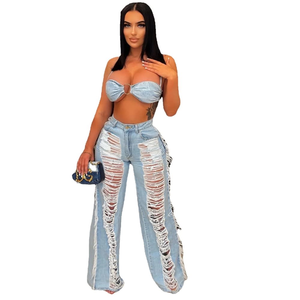 2023 Women's Sexy Tassel Denim 2 Piece Set: Crop Top + Wide Leg Pants